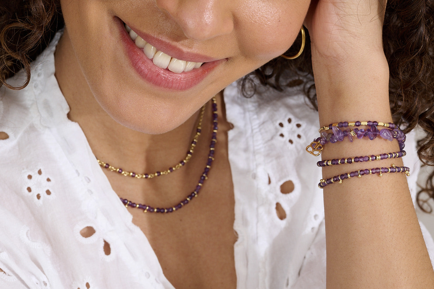 Amethyst Gold Beaded Necklace styled for a calming, intuitive look and styled with Boho Amethyst Layering bracelets. A calm sophisticated look and the perfect Christmas gift for her. 