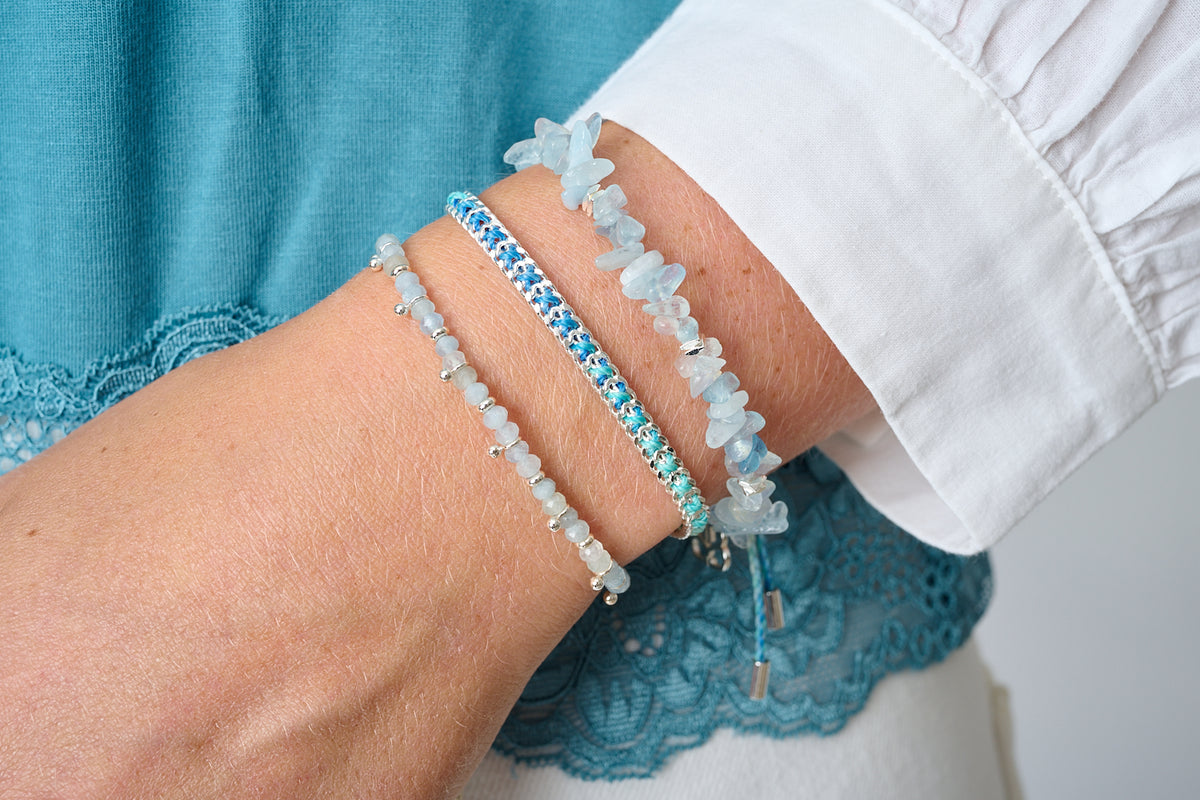 Seychelles stack by boho betty featuring our Sana, Harmony and Lilia bracelets in aquamarine gemstones 