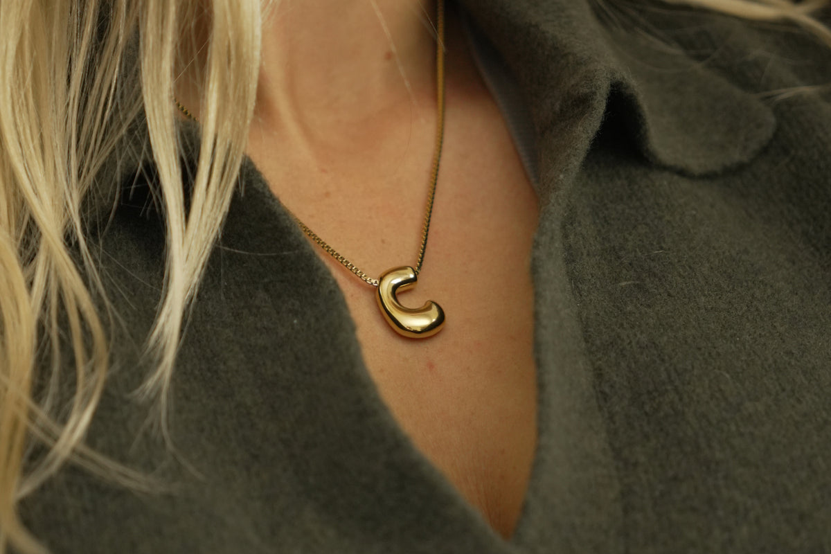 Sola waterproof gold initial letter C necklace by Boho Betty – a sculpted 14k gold PVD letter C pendant, a gift for her