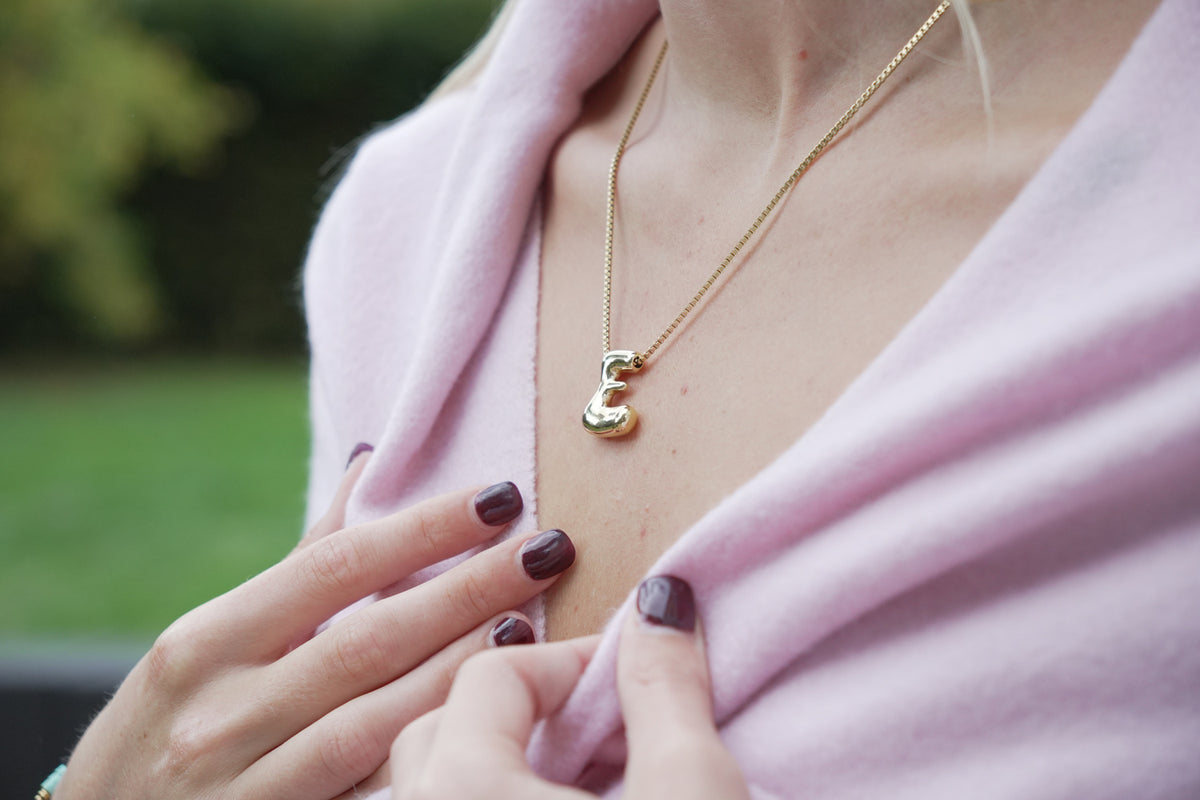 Sola waterproof gold initial letter E necklace by Boho Betty – a sculpted 14k gold PVD letter E pendant, a gift for her
