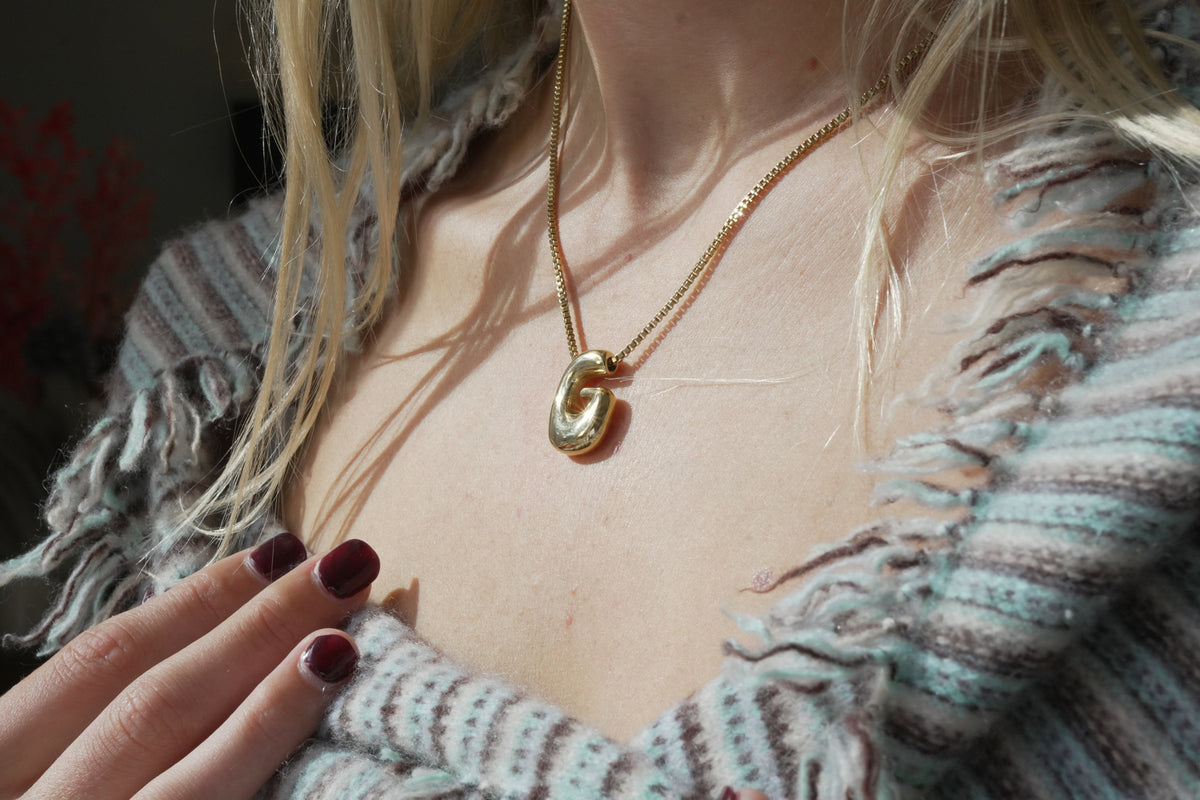 Sola waterproof gold initial letter G necklace by Boho Betty – a chunky gold letter G pendant, personalised initial jewellery