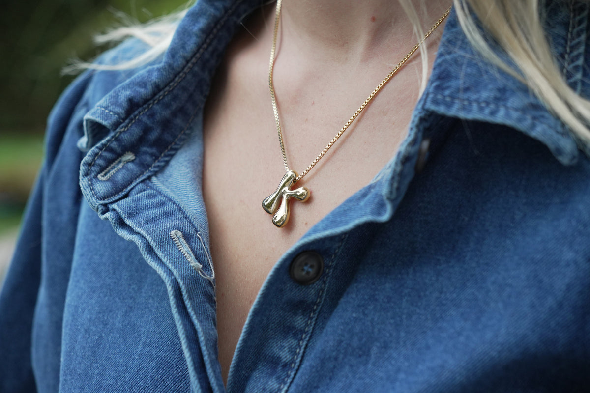 Sola waterproof gold initial letter K necklace by Boho Betty – a chunky gold letter K pendant, personalised initial jewellery