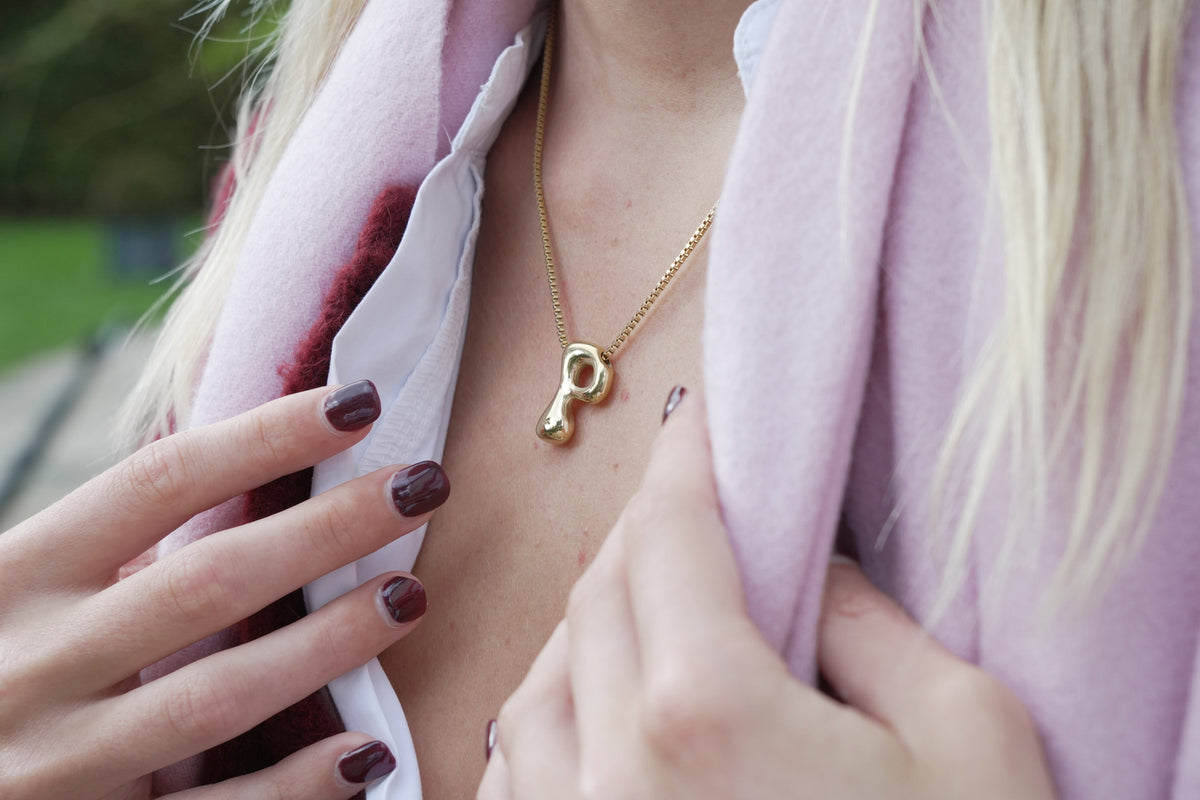Sola waterproof gold initial letter P necklace by Boho Betty – a personalised gold initial P pendant on a box chain