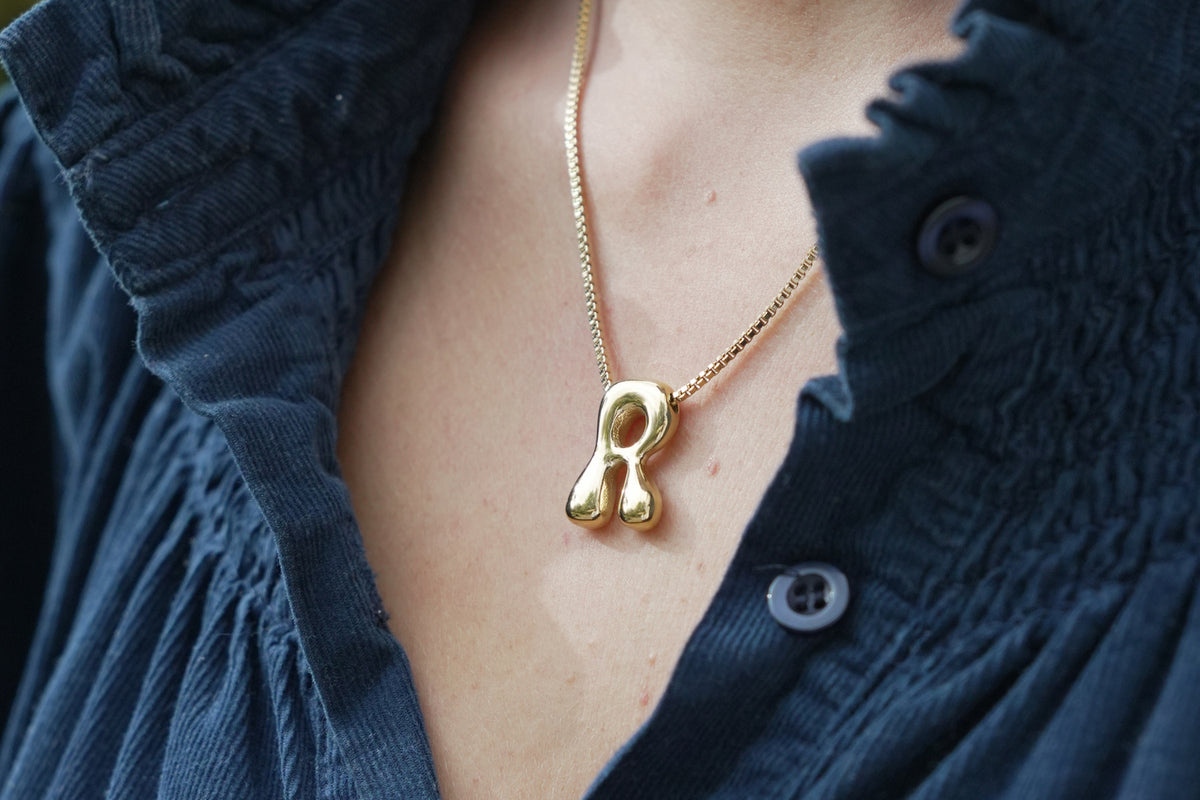 Sola waterproof gold initial letter R necklace by Boho Betty – a chunky gold letter R pendant, personalised initial jewellery