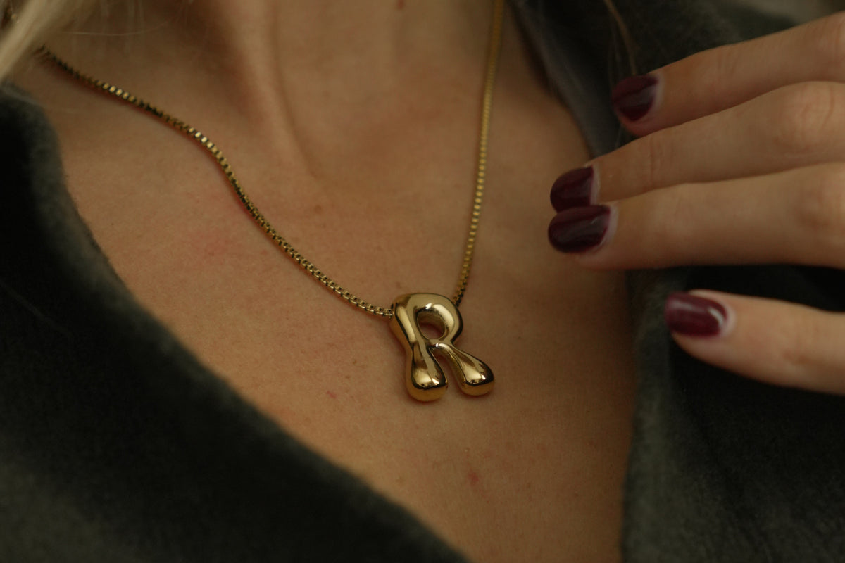 Sola waterproof gold initial letter R necklace by Boho Betty – a personalised gold initial R pendant on a box chain