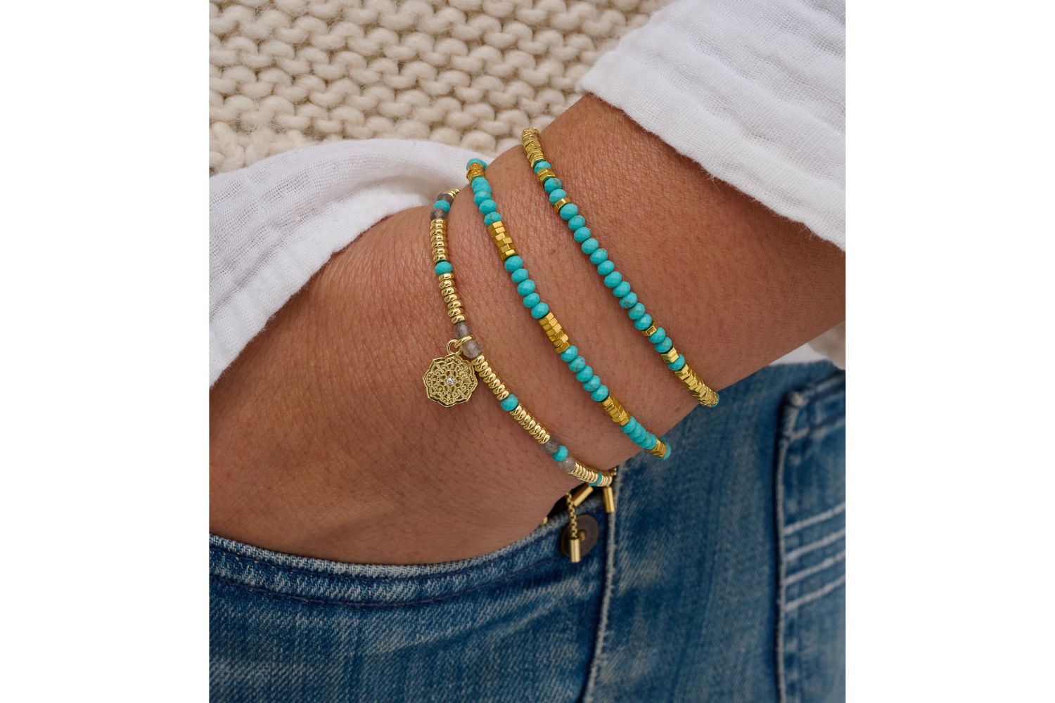 Drift 3 Layer Turquoise Gold Bracelet Stack - Boho Betty