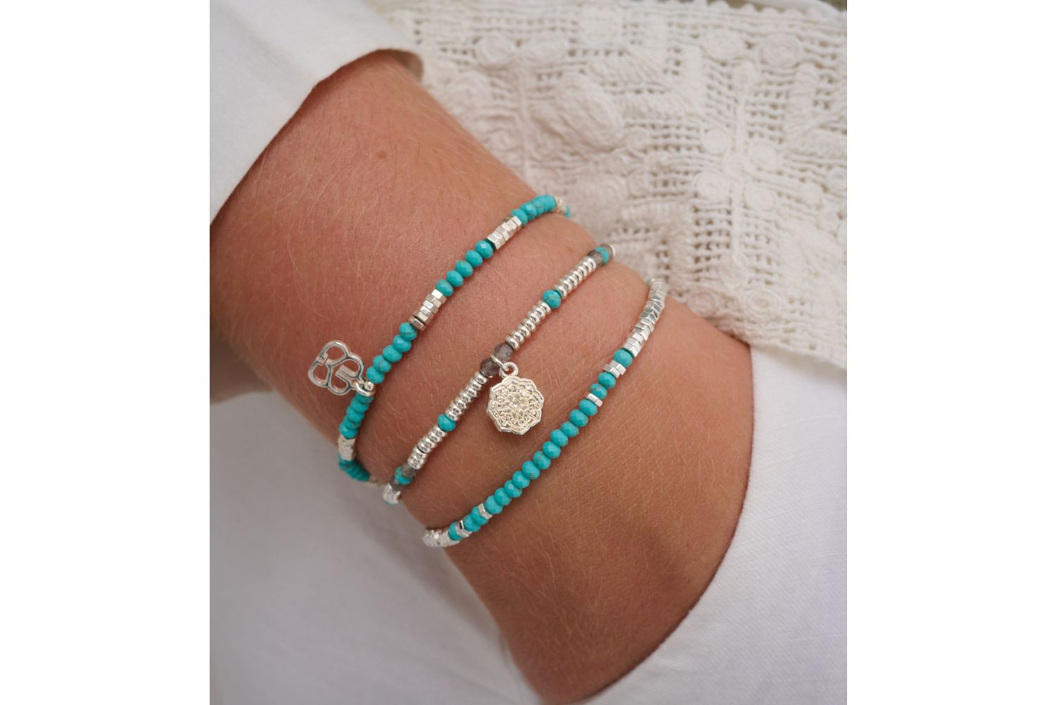 Drift 3 Layer Turquoise Silver Bracelet Stack - Boho Betty