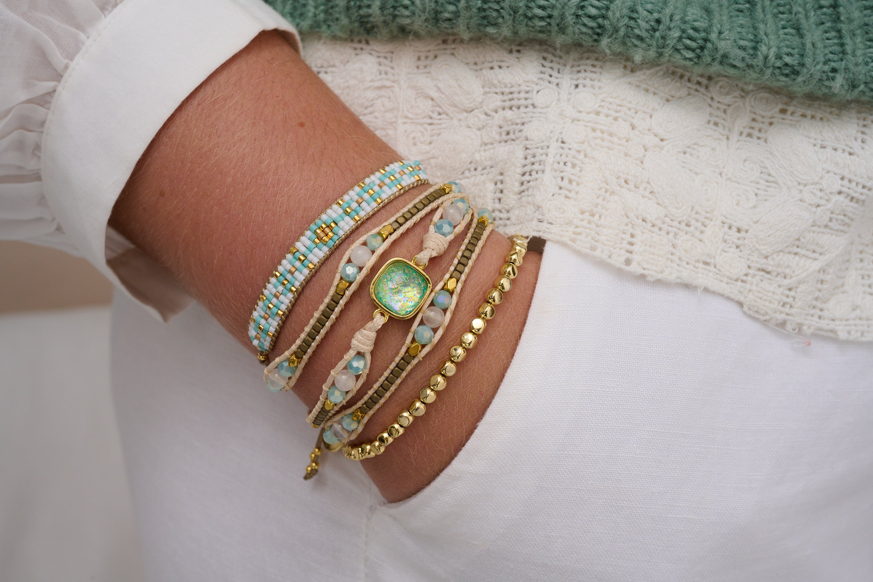 Zagreb 3 Layered Gold & Aqua Bracelet Stack - Boho Betty