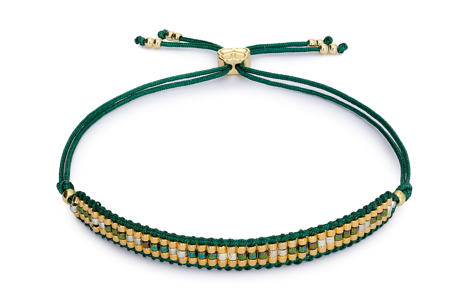 Starshine features a strong emerald green with gleaming gold Miyuki beads and plating.