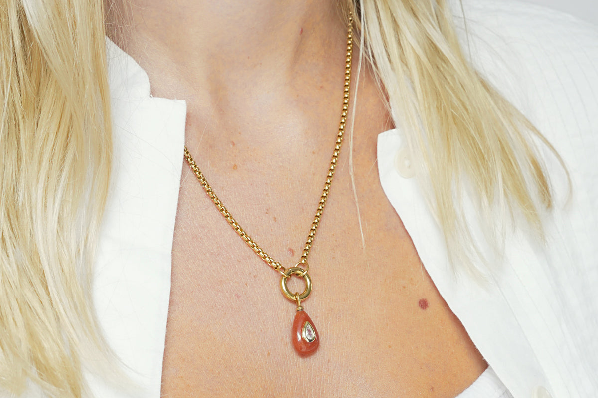 Thalia Fleurette red aventurine gold teardrop pendant necklace by Boho Betty – a short gold chain with red aventurine