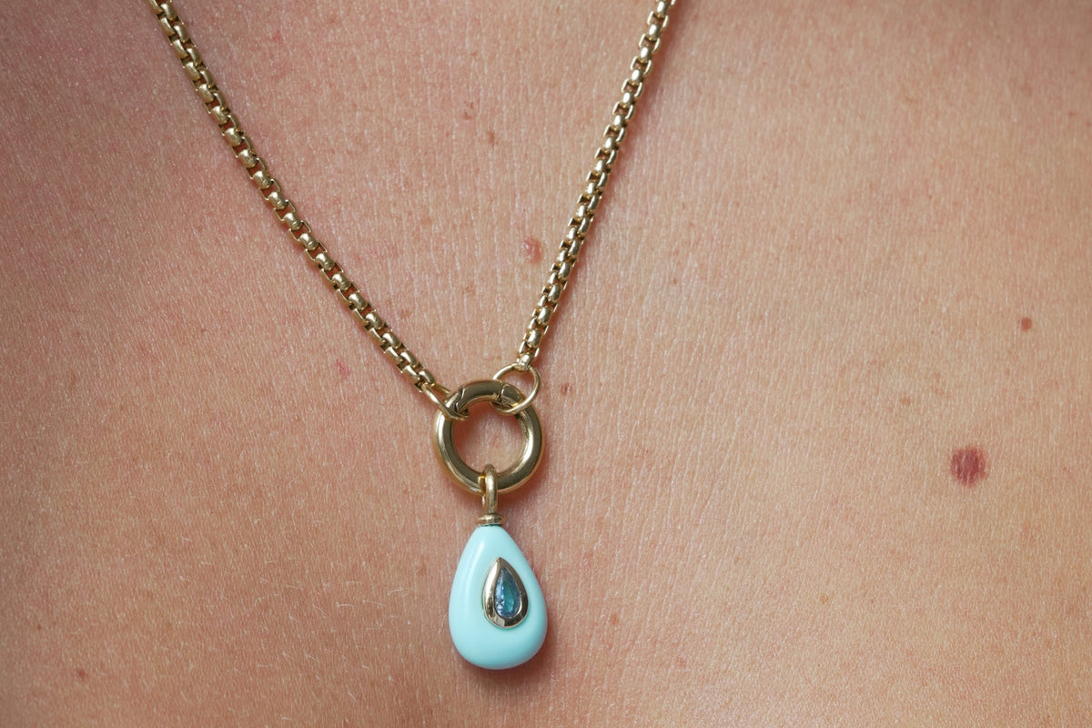 Thalia Fleurette turquoise howlite gold teardrop pendant necklace by Boho Betty – a short gold chain with turquoise howlite