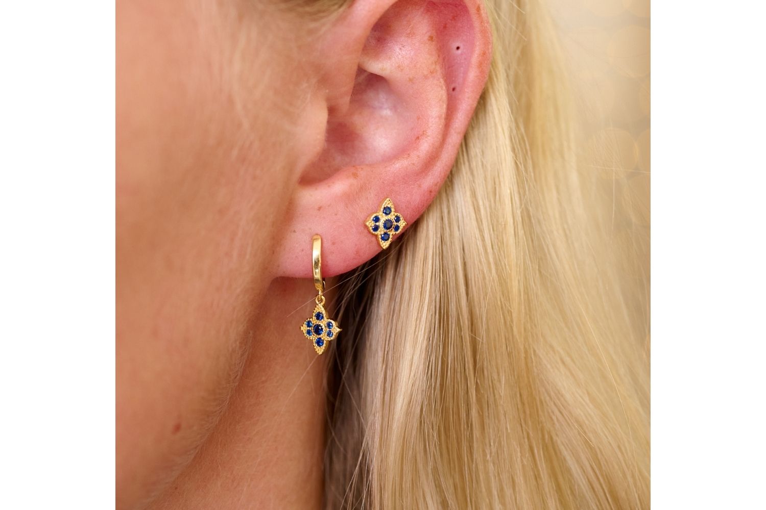 A delightful set showcased in a lifestyle shot of stylish layering earrings. Effortlessly chic and that little bit of sparkle. The perfect gift for her or gift for friend or gift for girlfriend.