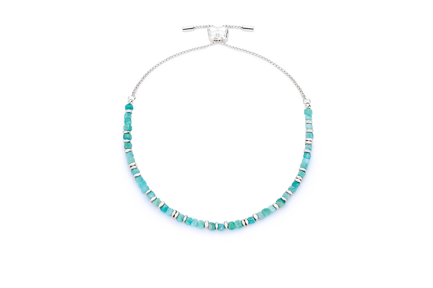 Valentina Beaded Silver & Amazonite Bracelet featuring faceted Amazonite gemstone beads and sterling silver-plated accents, complete with an adjustable chain slider fastening.