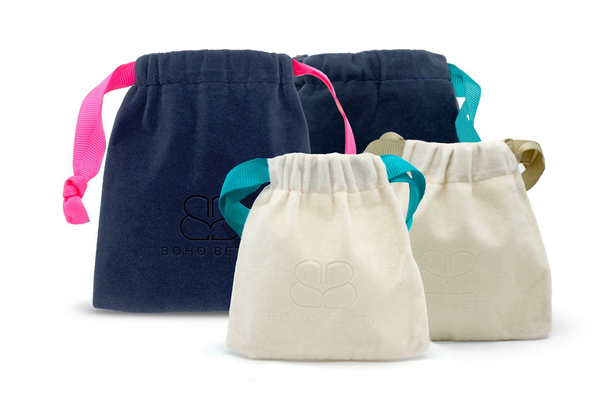 Boho Betty velvet drawstring gift bag, luxury jewellery packaging