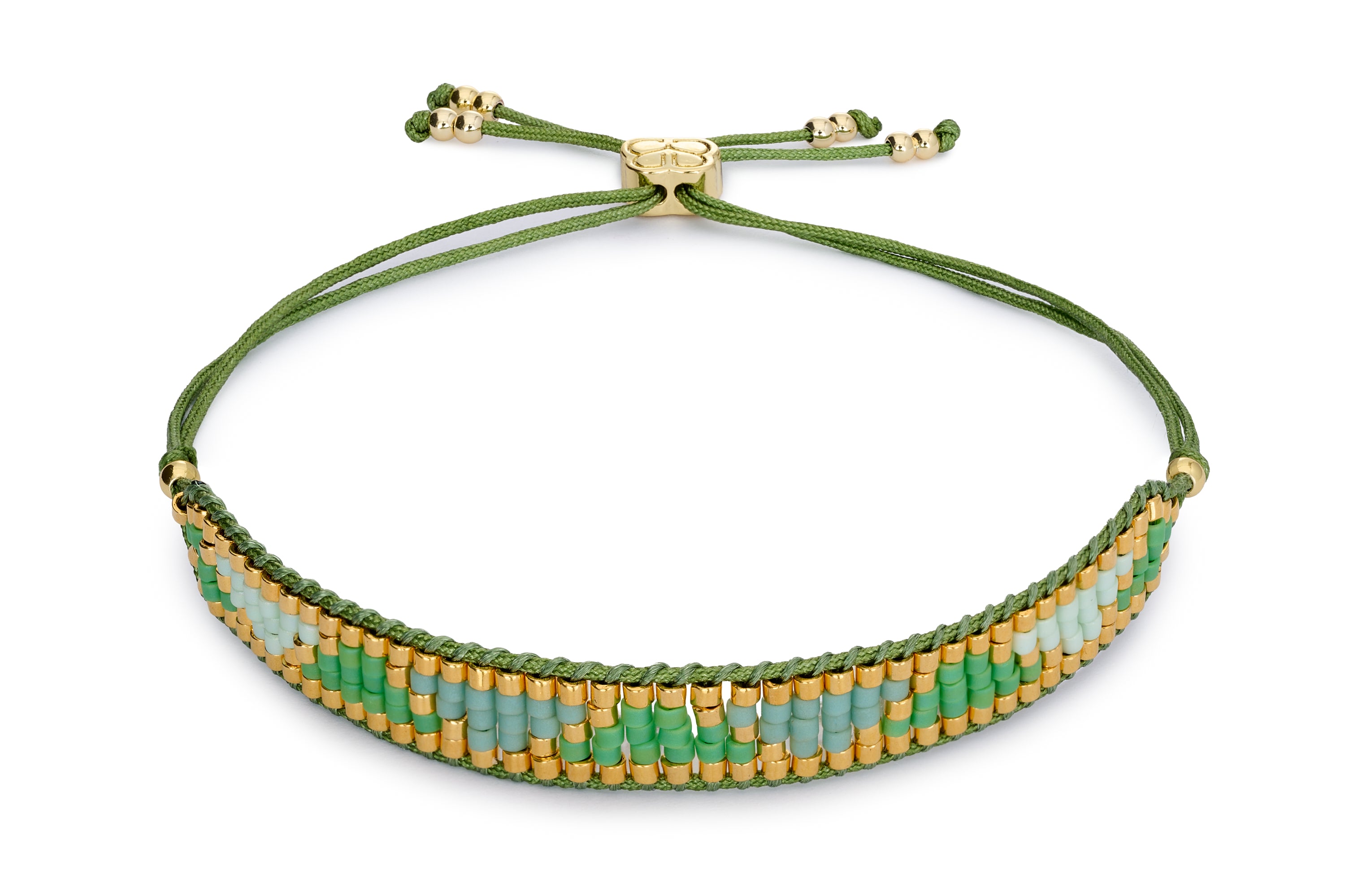 The Venus Green & Gold Friendship Bracelet with green thread slider and Green toned & Gold Miyuki beads. 