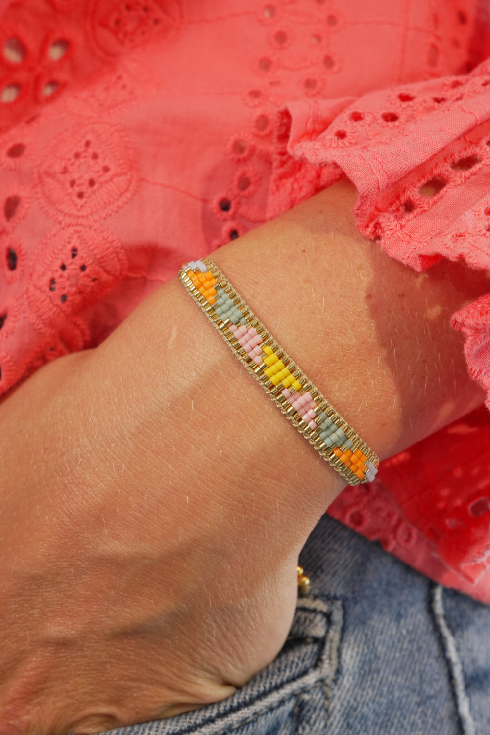 Venus Point Pastel Mosaic Beaded Friendship Bracelet styled on the wrist, showcasing colourful pastel beadwork and waterproof gold PVD details for playful everyday styling.