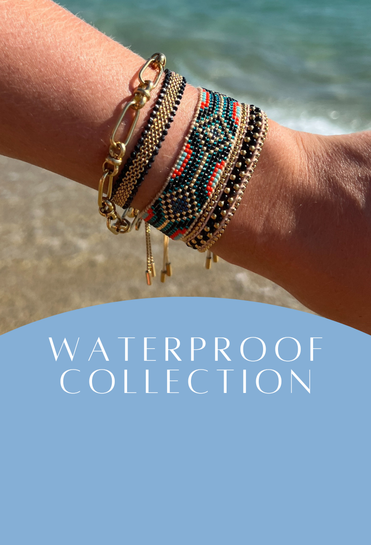 Close-up of a wrist wearing multiple bracelets with a beach background, text 'Waterproof Collection' at the bottom.