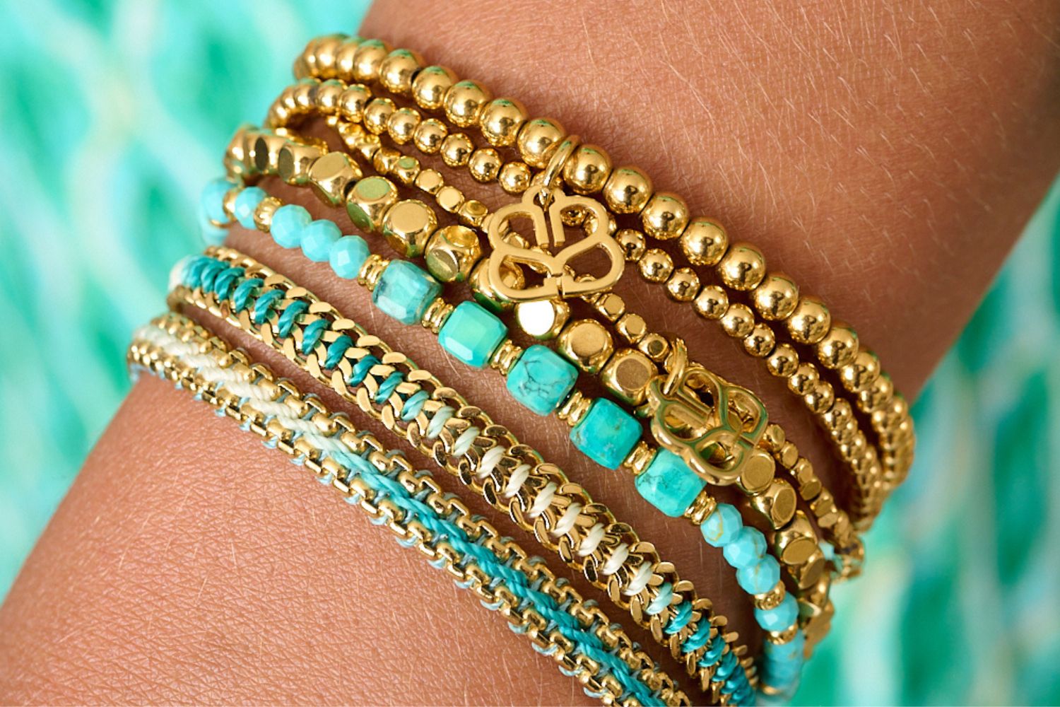 gold and turquoise beaded and handwoven bracelets. Perfect waterproof jewellery from Boho Betty