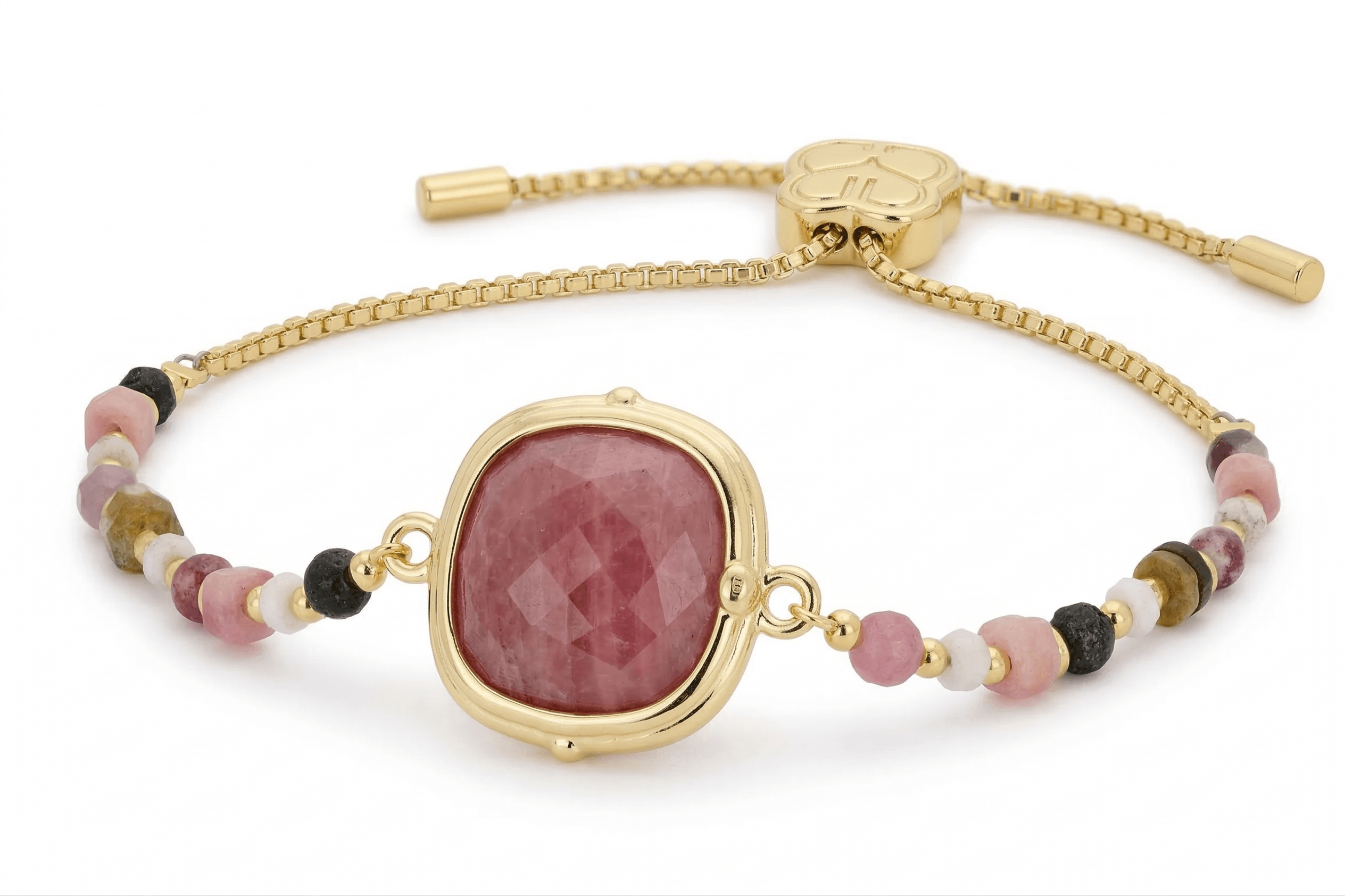 Gold chain bracelet with a pink stone and pink tourmaline beaded details - boho bracelet for women uk