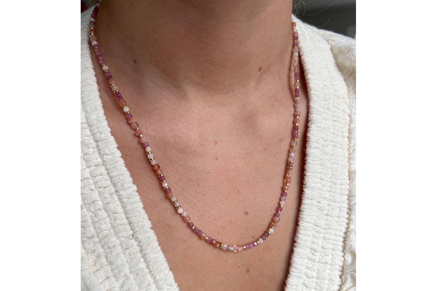 Allegra Gold & Pink Tourmaline Necklace styled with casual and elegant looks, featuring rosy-hued gemstones and golden accents, perfect for layering or solo wear.