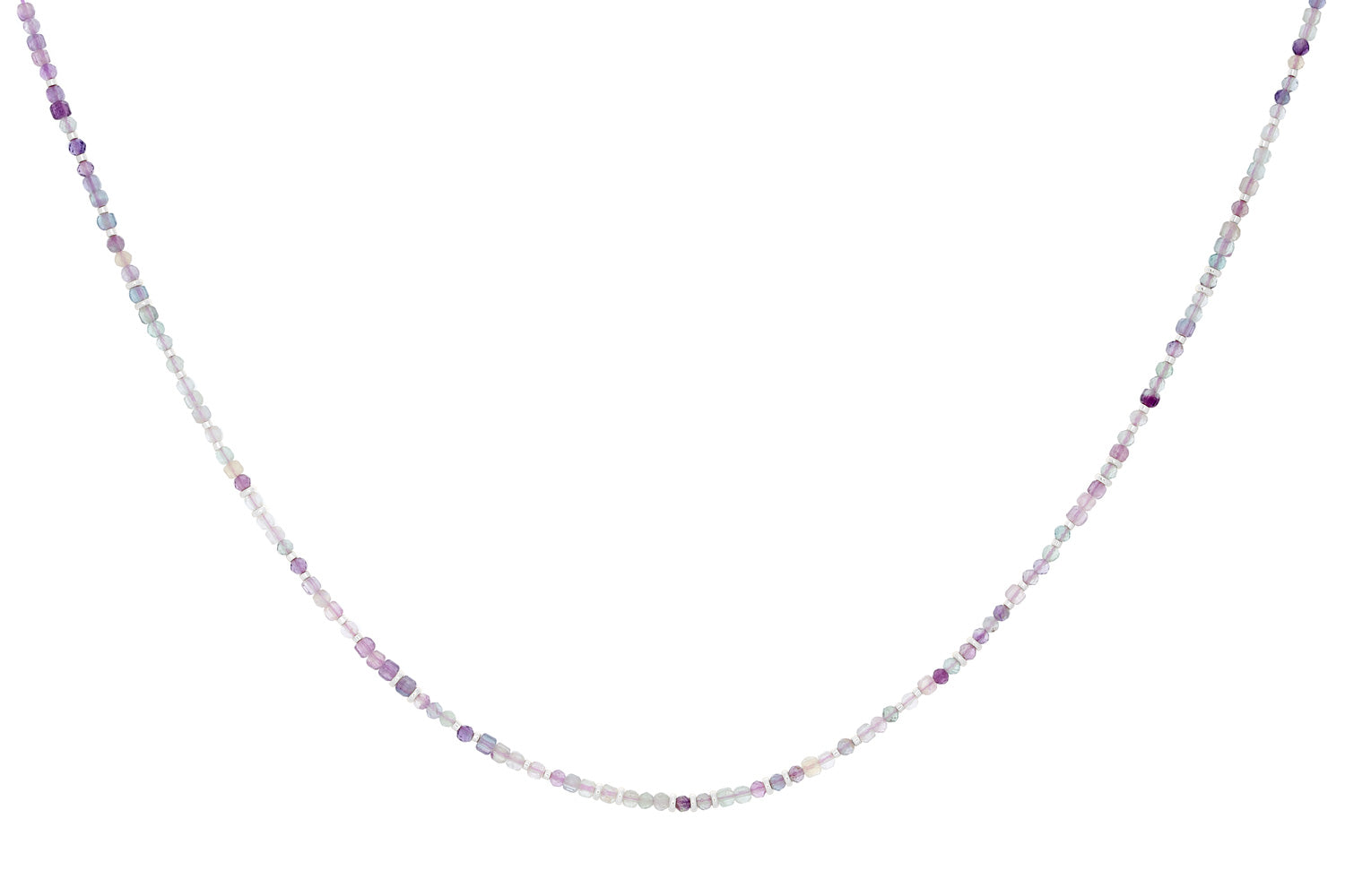 Allegra Rainbow Fluorite Silver Necklace featuring soft pink, lilac, and pastel green fluorite beads with sterling silver-plated accents and an adjustable fit for layering or solo wear.