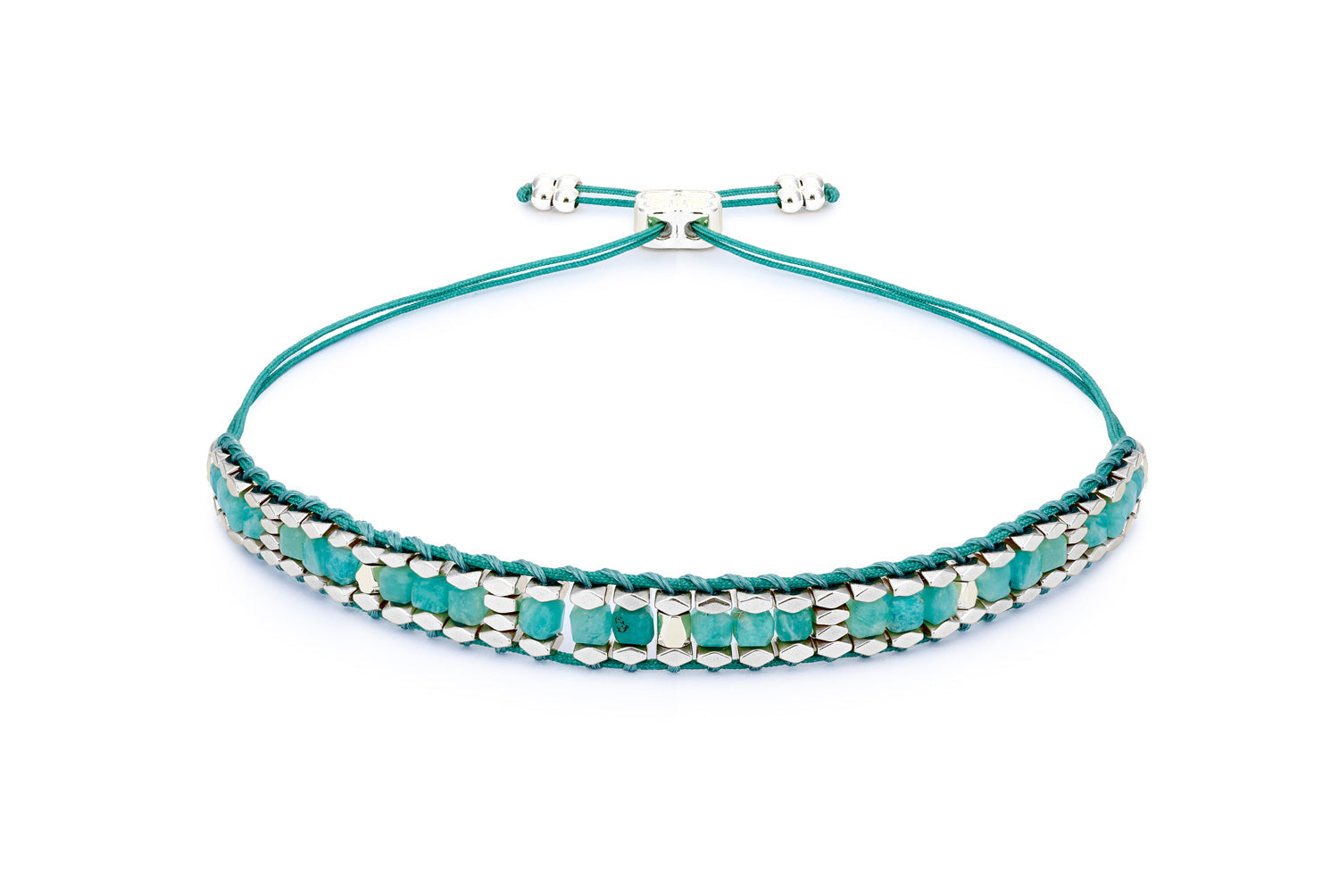 Anastasia Amazonite & Silver Bracelet featuring soothing Amazonite gemstones, silver-plated faceted beads, and an adjustable woven slider fastening for the perfect fit.