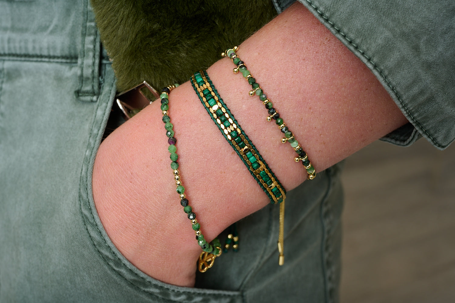 Anastasia Malachite & Gold Friendship Bracelet styled for boho-chic layering, showcasing rich green malachite beads with gold-plated accents—perfect for stacking, gifting, or wearing solo as a powerful everyday piece.