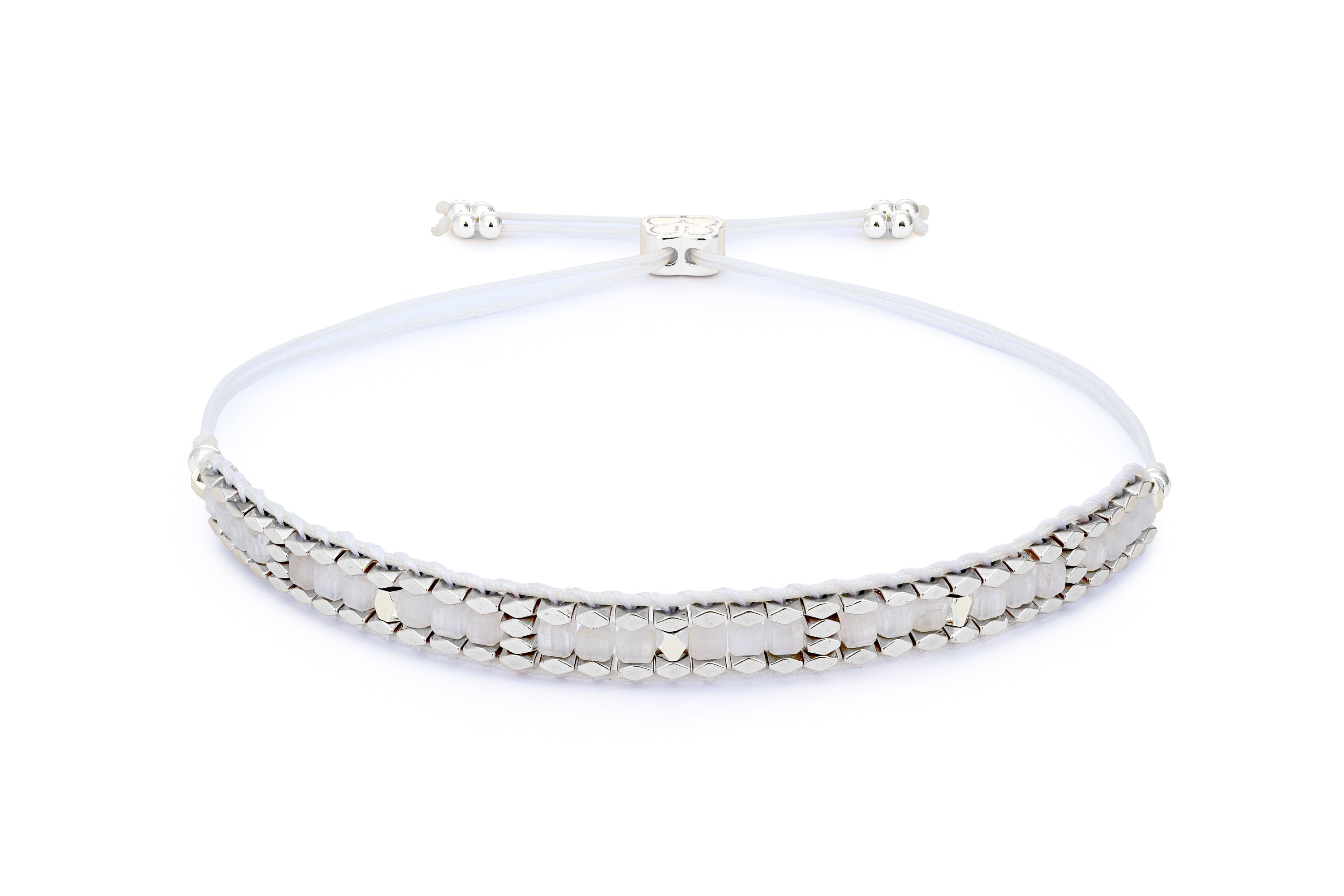 Anastasia Silver & Rainbow Moonstone Bracelet featuring genuine rainbow moonstone beads with a soft shimmer, accented with sterling silver-plated details and an adjustable slider fastening.