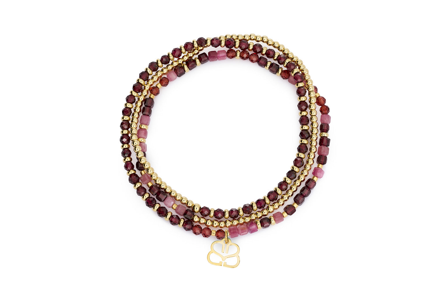 Annabelle Garnet & Gold Beaded Wrap Bracelet with faceted pink tourmaline, garnet, and champagne garnet beads in a triple-layer stretch design.