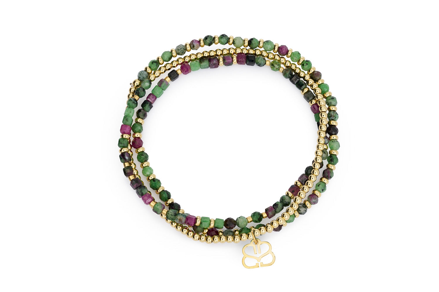 Annabelle Gold & Ruby Zoisite Wrap Bracelet with layered green and purple gemstone beads and 12k gold-plated accents for a stacked effect.