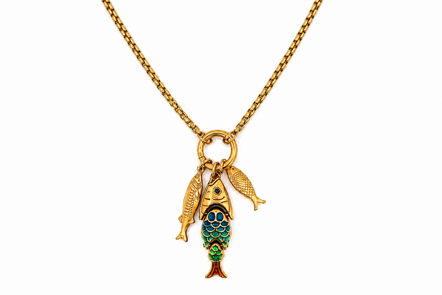 Anura Rainbow Cluster Gold Fish Necklace Long featuring two gold fish charms and a colourful enamel fish charm on a waterproof 14k gold PVD long charm carrier chain.