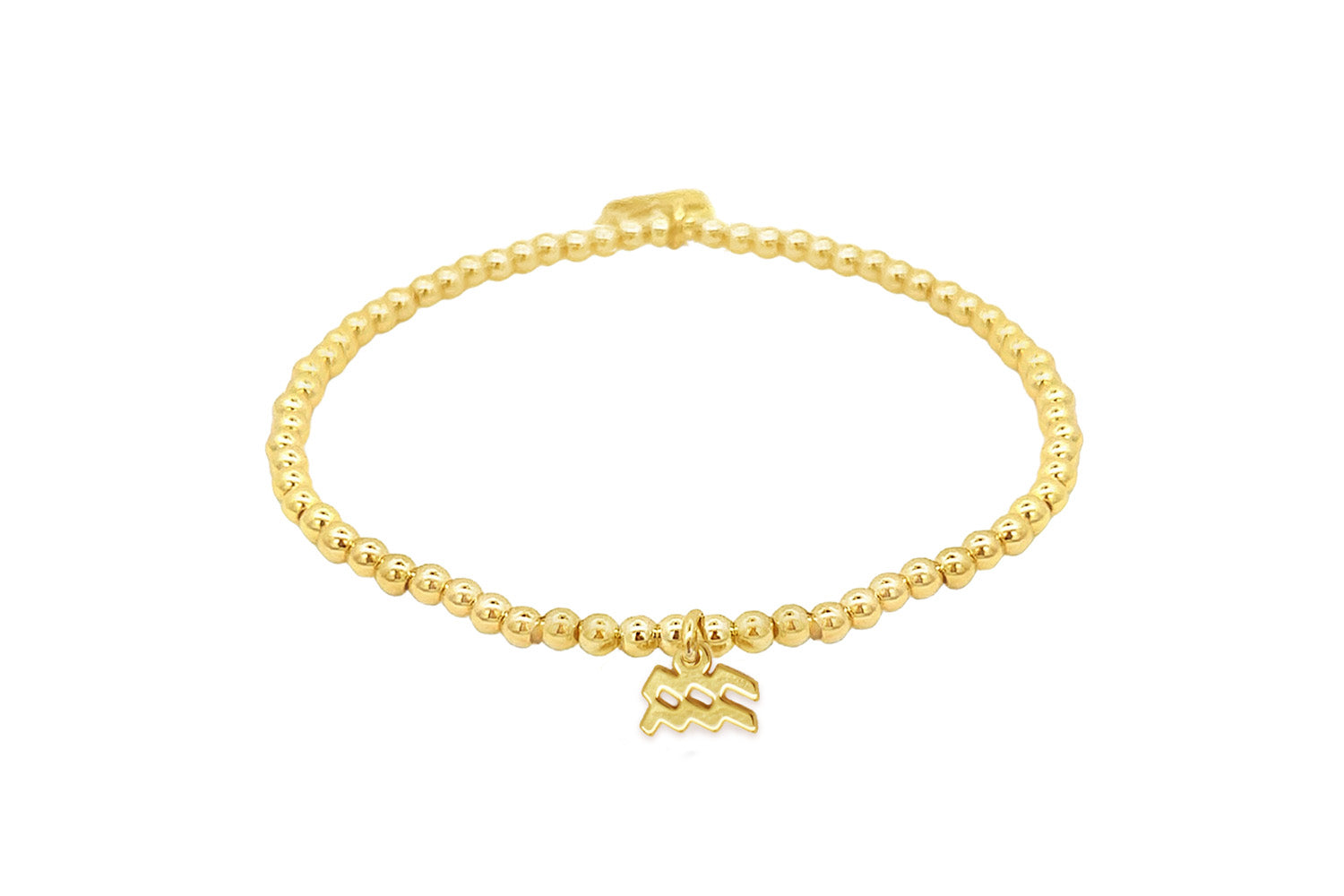 Gold stretch bead bracelet featuring a polished Aquarius zodiac charm and Boho Betty signature tag, designed for astrology lovers.