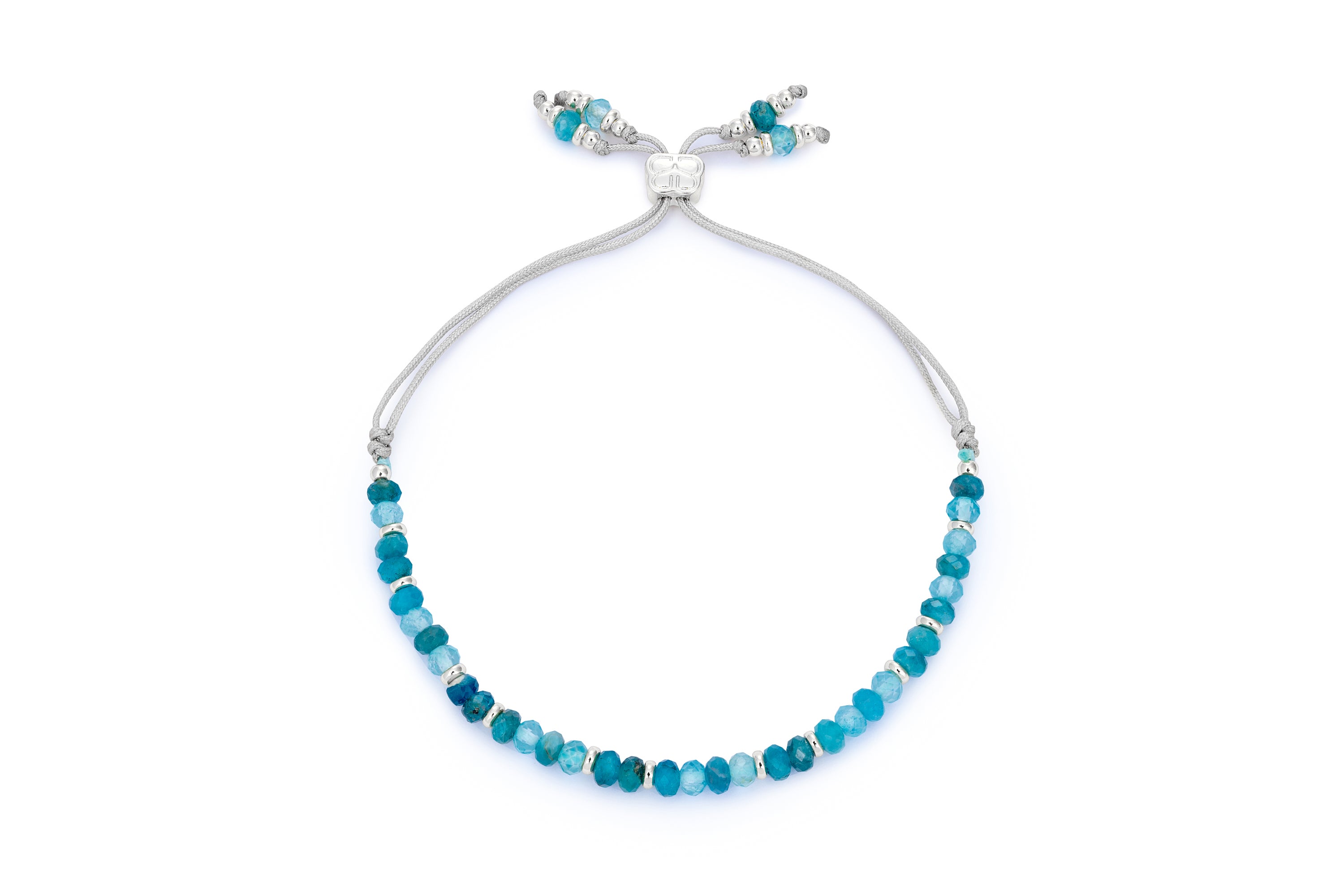 Arabella Apatite & Blue Topaz Silver Slider Bracelet featuring faceted Apatite and Blue Topaz gemstone beads, silver-plated accents, and an adjustable thread slider.