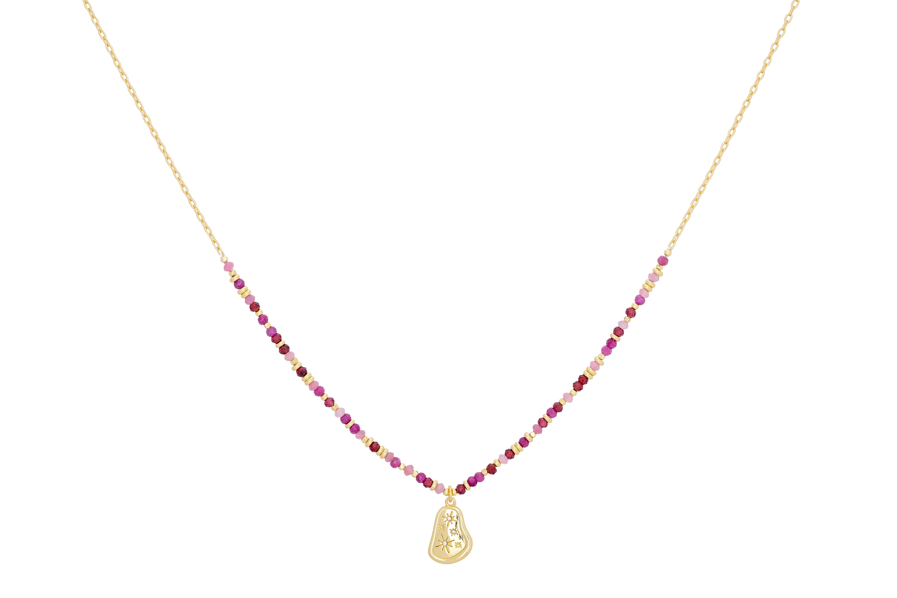 Armino ruby mix gold beaded pendant necklace with red and pink gemstone beads and celestial star charm
