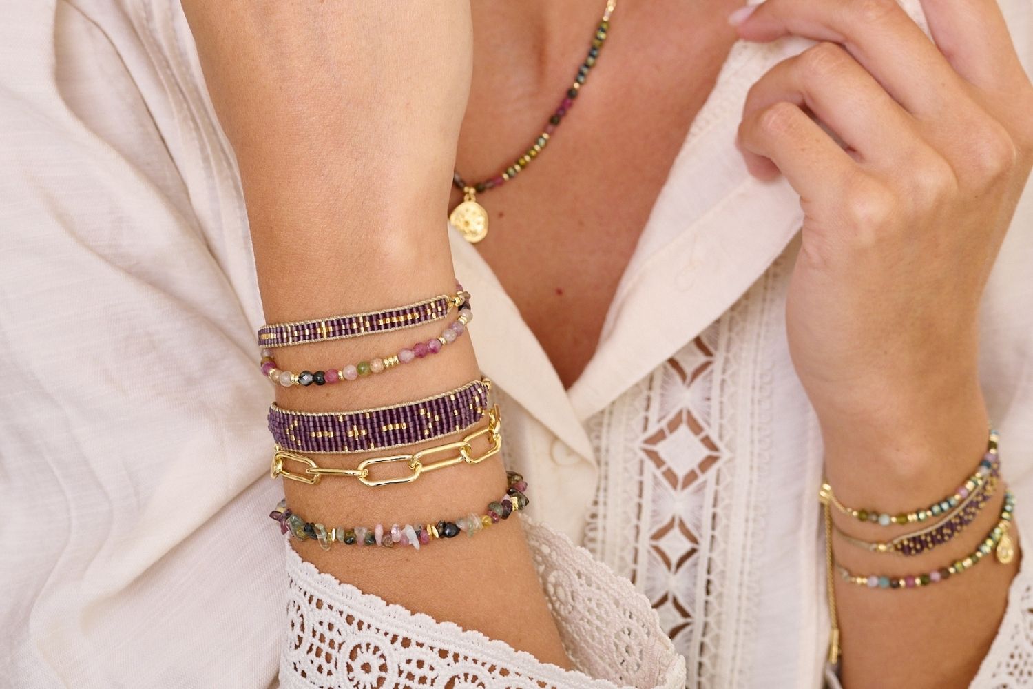 Aslan Mulberry Beaded Friendship Bracelet featuring three rows of hand-threaded Miyuki beads in rich mulberry tones and accented with 12k gold-plated elements, adjustable slider for a comfortable fit.
