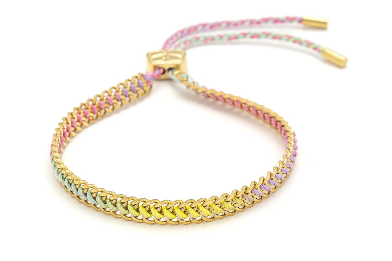 Athena Gold and Sorbet Rainbow Braided Bracelet featuring pastel rainbow woven threads braided through a waterproof gold PVD stainless steel chain with adjustable slider fastening.