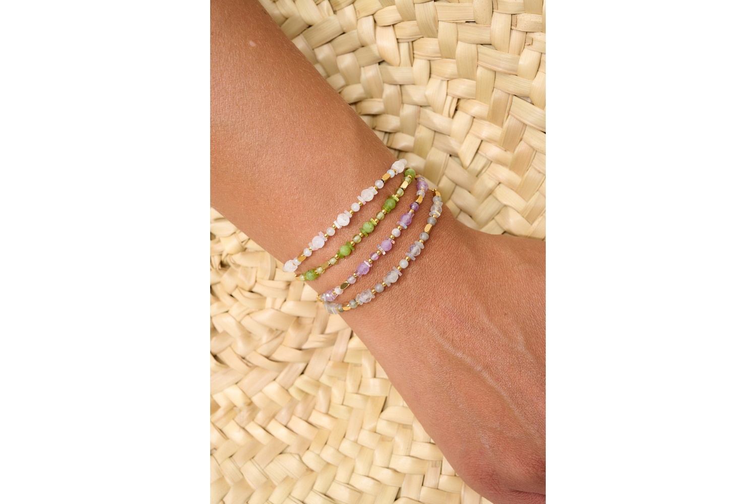 Aya Gold Purple Jade Bracelet featured on the wrist with Boho Betty stacking bracelets