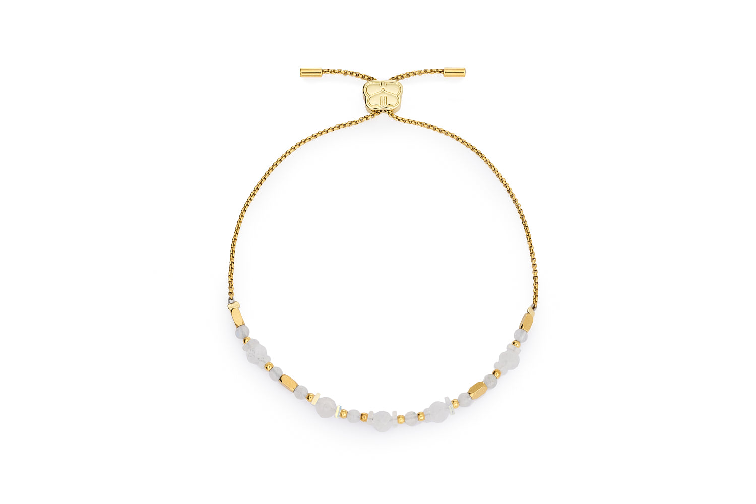 Aya Gold Rainbow Moonstone Bracelet with gold slider chain on white background