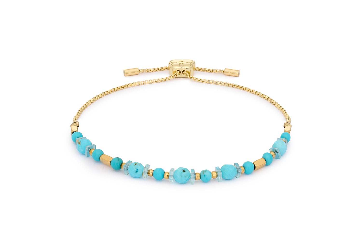Aya Turquoise Howlite & Gold PVD Friendship Bracelet featuring turquoise howlite gemstones and waterproof 14k gold PVD-coated stainless steel with adjustable slider fit up to 26cm.