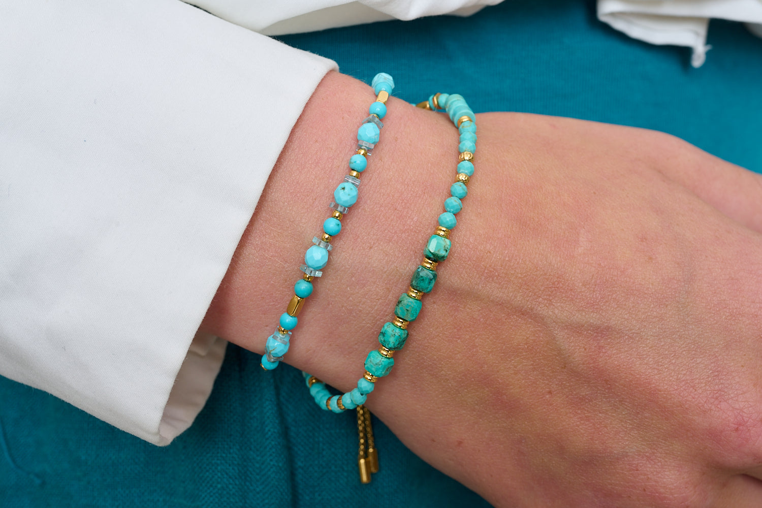 Aya Turquoise Howlite & Gold PVD Friendship Bracelet featured on wrist with Boho Betty stacking bracelets in turquoise and gold tones.