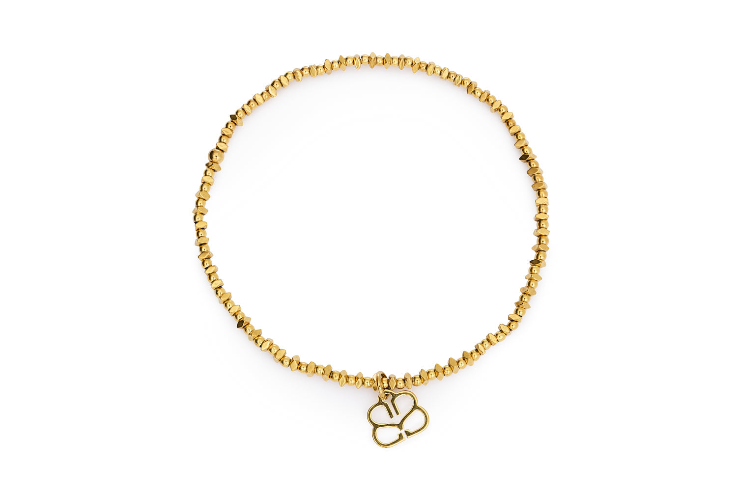 Ayla Gold Bead Stretch Bracelet featuring 14k gold PVD-coated beads and a BB clover charm in a comfortable 18cm stretch fit design.