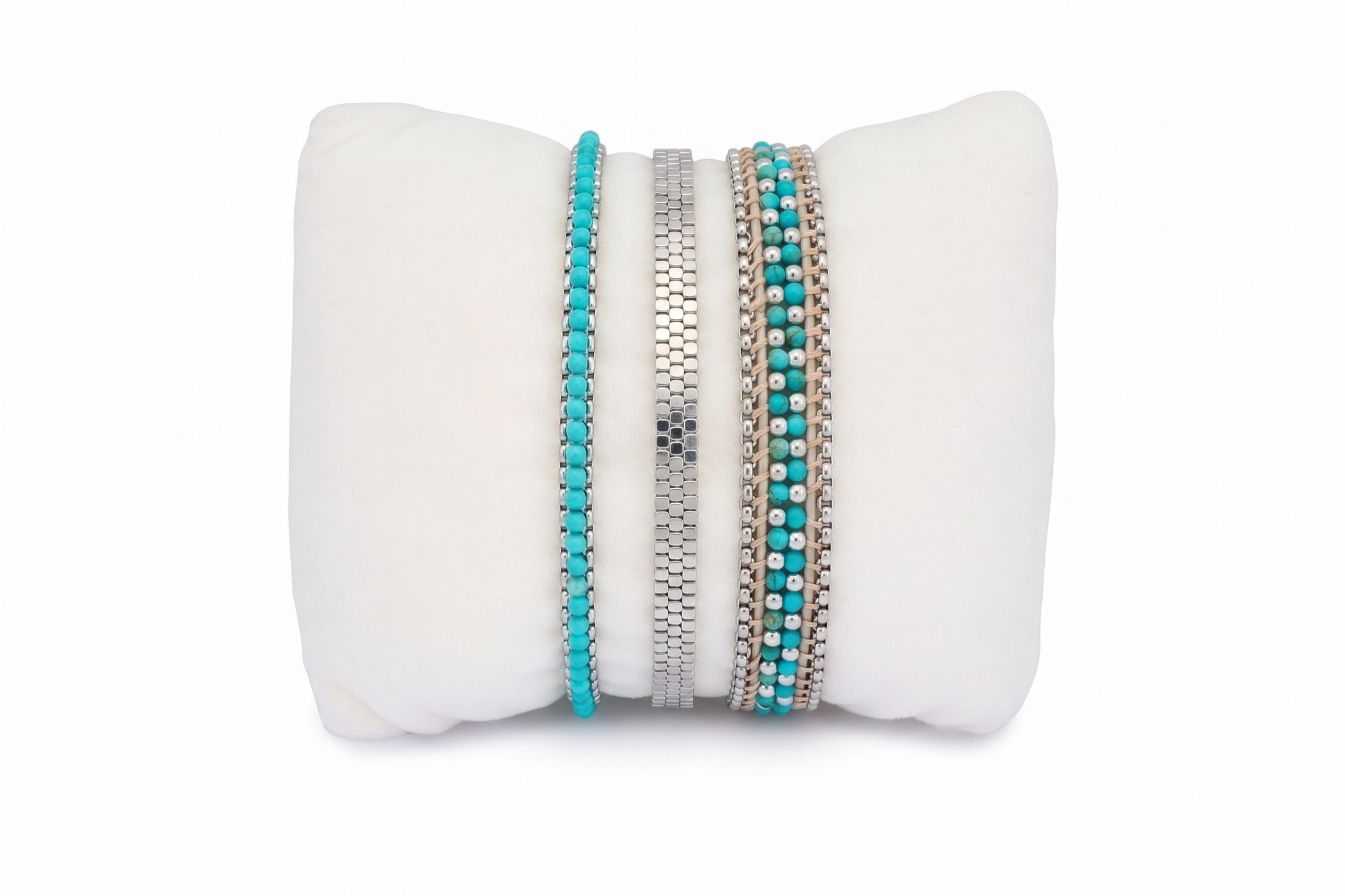 Azores Turquoise and Silver Bracelet Stack featuring layered turquoise howlite bead bracelets and polished silver details in a bright coastal-inspired design.