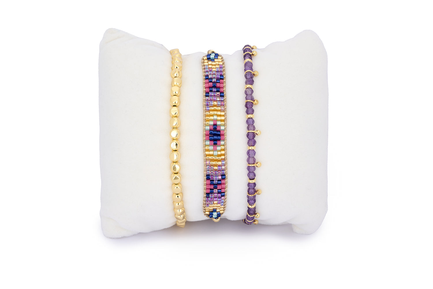 Bali Amethyst & Gold Bracelet Stack with lilac Miyuki beads, amethyst gemstones, and gold-plated nugget beads—designed for soulful, boho-luxe stacking.