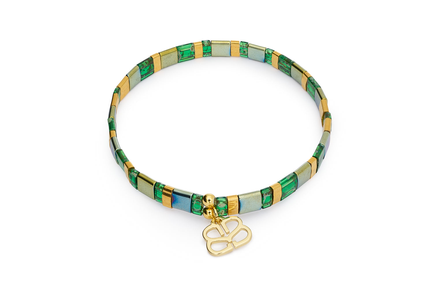 Basil green tila bead bracelet with stretch fit and polished gold charm by Boho Betty