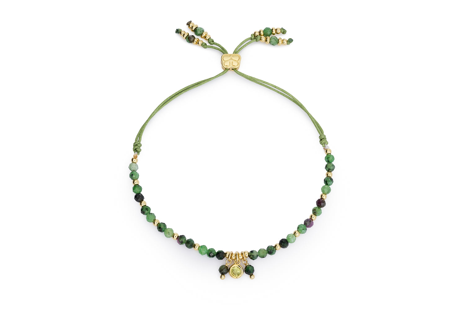 Basilia Gold & Ruby Zoisite Charm Bracelet with green cord, faceted gemstones, gold-plated beads, and boho-style charm drops.