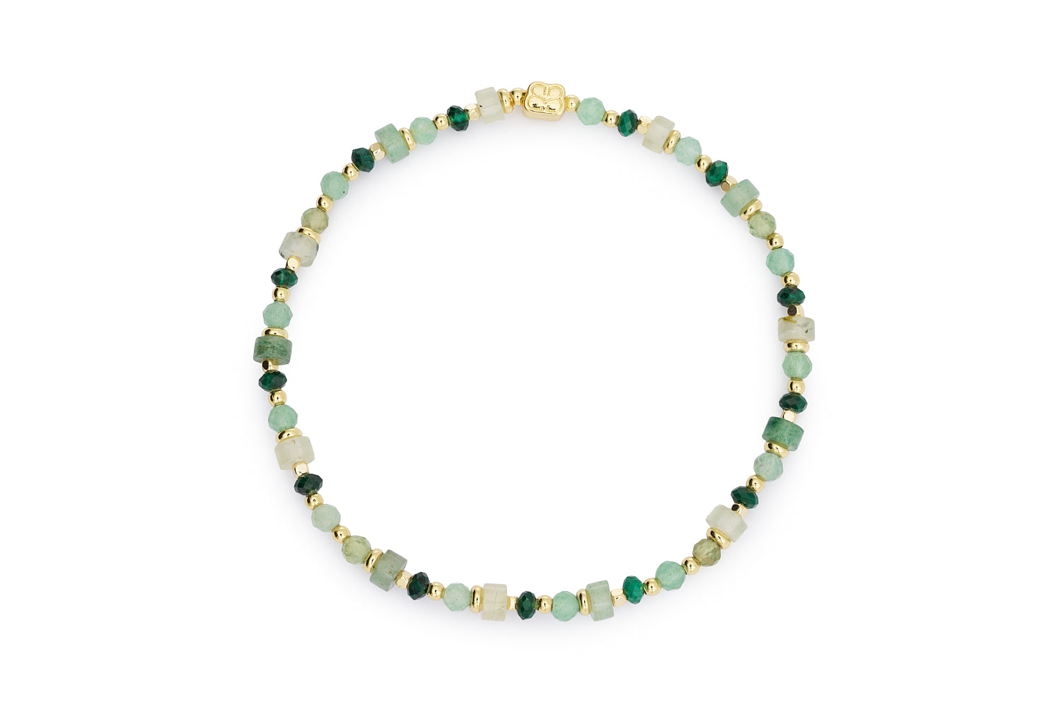 Beryl Gold & Peridot Bead Bracelet featuring faceted and pebble-cut green gemstones with gold-plated accents in a calming stretch fit design.