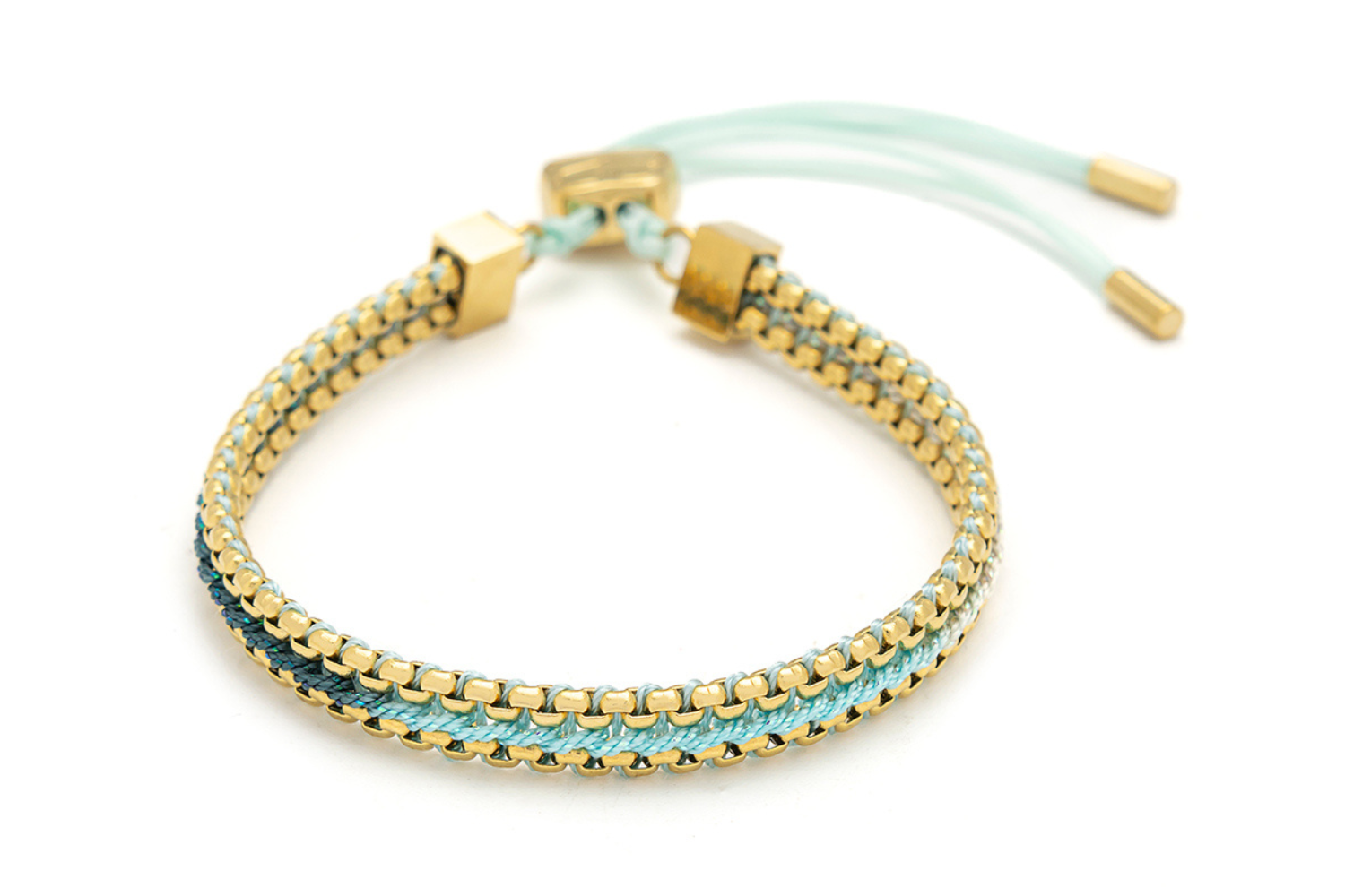 Bloom mint shimmer woven friendship bracelet with soft green threads and gold chain detailing with adjustable slider fastening.