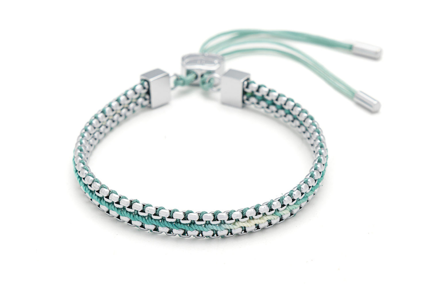 Bloom turquoise silver braided friendship bracelet with aqua threads and silver chain detail