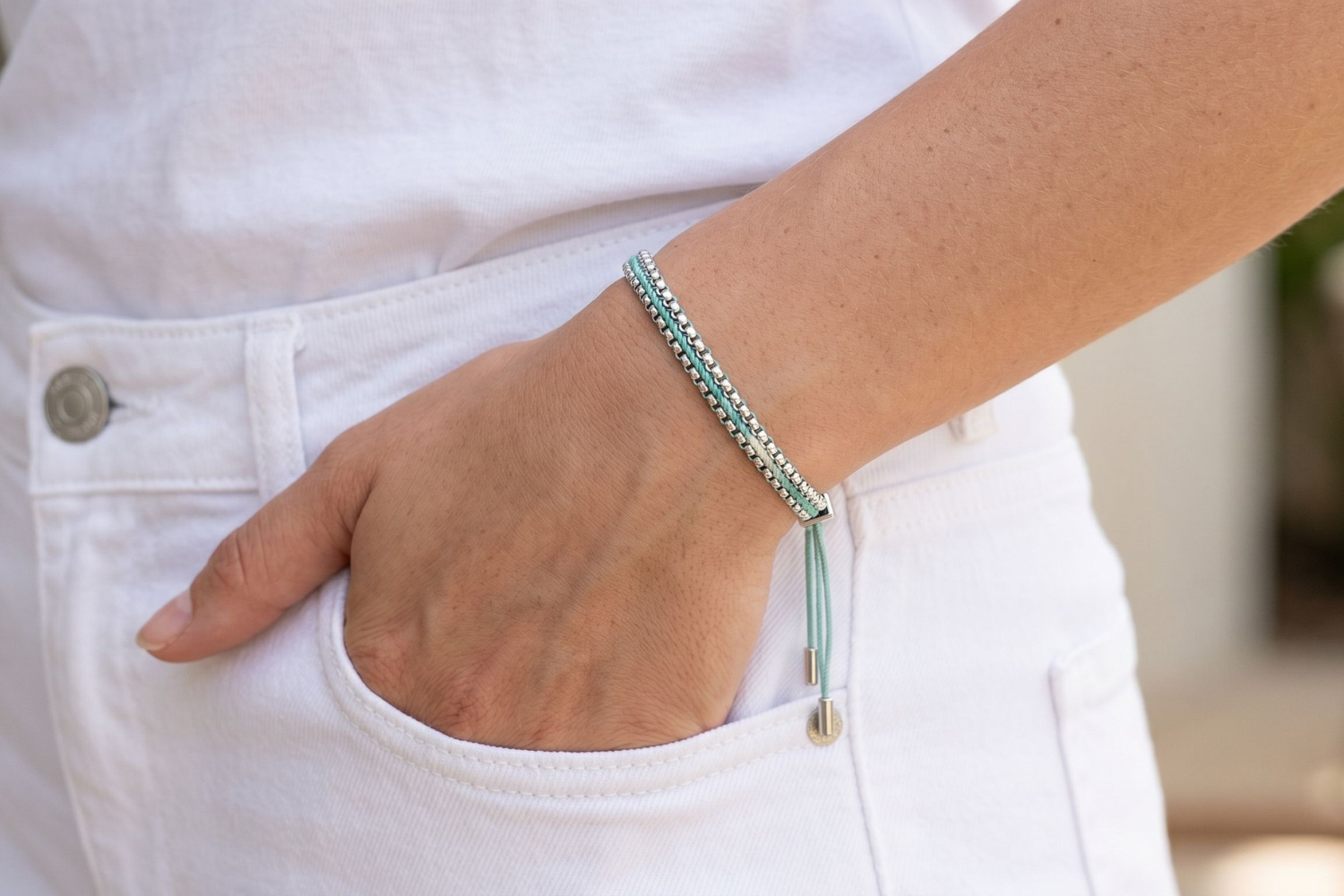 Bloom turquoise silver braided bracelet featured on wrist with Boho Betty stacking bracelets