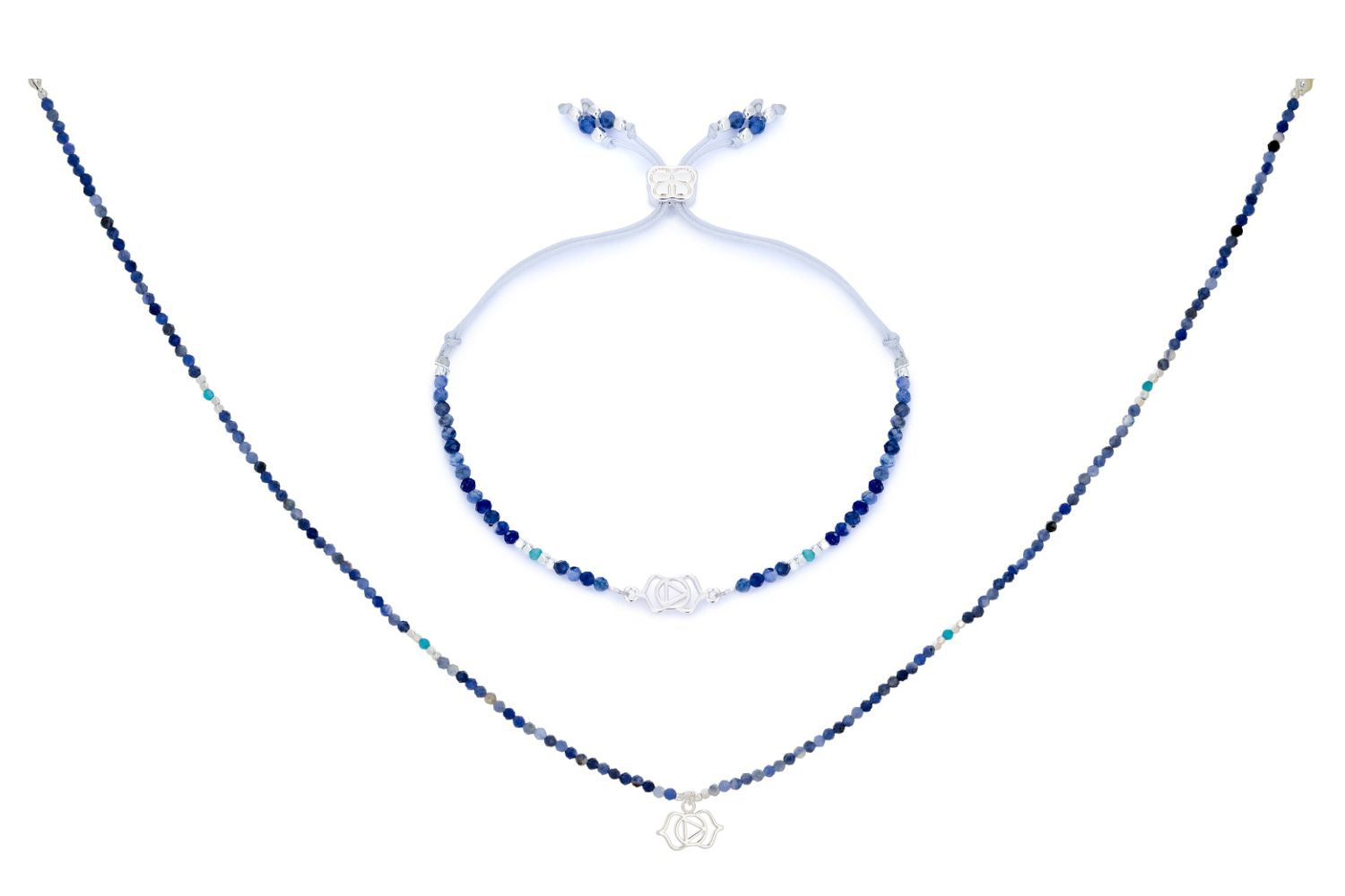 Blue Aventurine & Apatite Silver Third Eye Chakra Necklace and Bracelet Set featuring rich blue gemstones, turquoise accents, silver-plated beads, and a symbolic Third Eye Chakra charm for intuitive clarity.